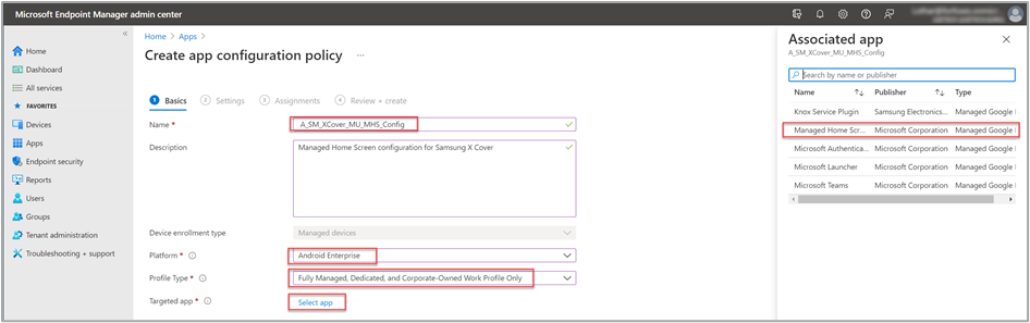 Creating a new app configuration policy for the Managed Home Screen in the Microsoft Endpoint Manager admin center.