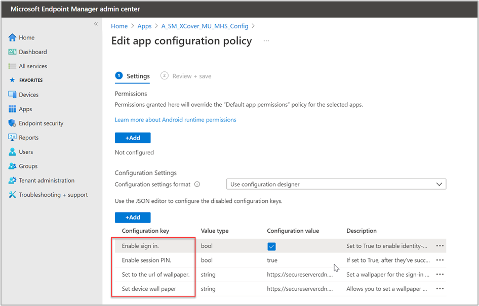 Enabling the "Enable Sign in" and "Enable Session PIN" settings under a new app configuration policy for the Managed Home Screen in the Microsoft Endpoint Manager admin center.