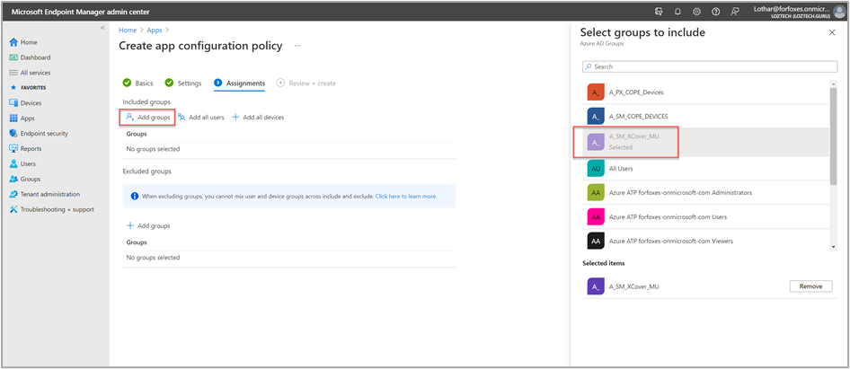 Assigning a new group to include and assign to the new app configuration policy.