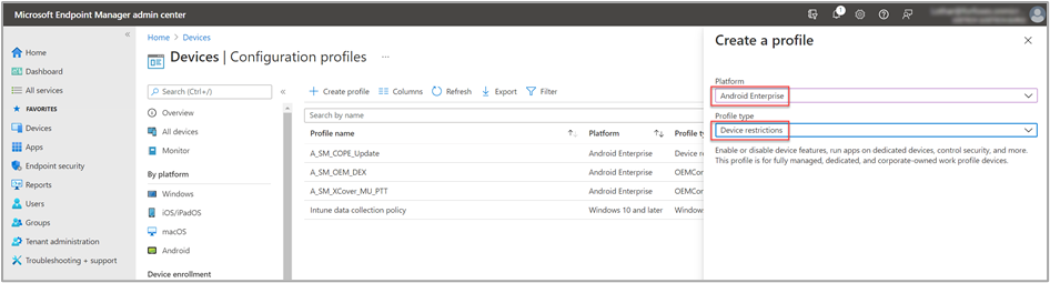 Creating a new Android Enterprise device restriction profile in the Microsoft Endpoint Manager admin center.