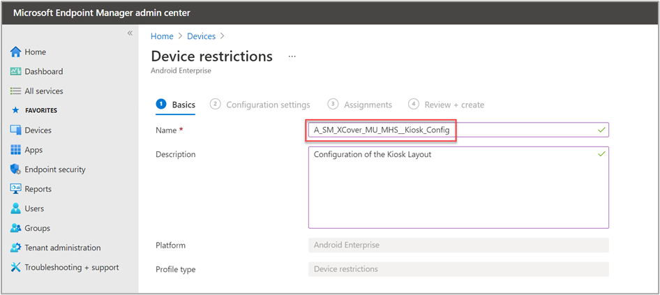 Creating a new Android Enterprise device restriction profile in the Microsoft Endpoint Manager admin center.
