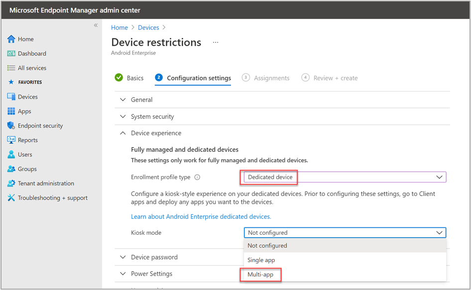 Android Enterprise > Device restriction > Configuration settings example with the "Dedicated device" and "Multi-app" settings highlighted.