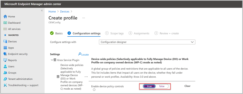 Editing the relevant OEMConfig settings in the configuration designer with the "Enable device policy controls" highlighted.