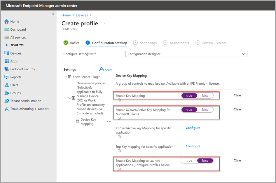 Knox Service Plugin settings with the Enable: Key Mapping, XCover/Active Key Mapping for Microsoft Teams, and Key Mapping to Launch applications settings highlighted.
