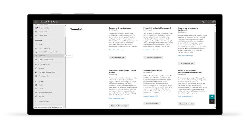 Figure 4: Run attack simulations using Tutorials available within Microsoft Defender for Business.