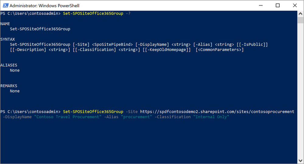 Example PowerShell cmdlet to connect an existing team site to a new Office 365 Group