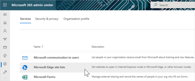 The Org settings page and where to find Microsoft Edge site lists.