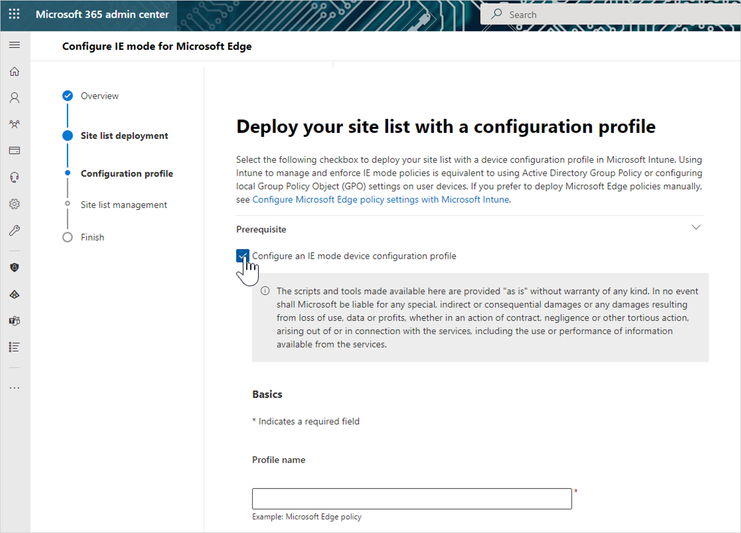 Configuring an IE mode device configuration profile in the Microsoft 365 admin center