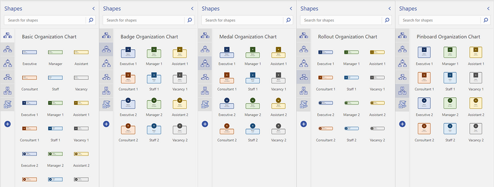 Five available org chart stencils now available—Basic, Badge, Medal, Rollout, and Pinboard—and shapes included in Visio for the web