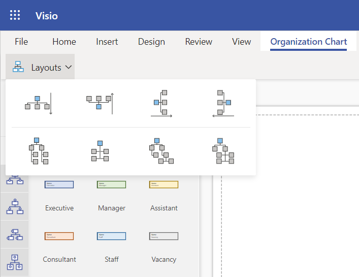 Eight org chart layout options available from the Organization Chart tab in Visio for the Web
