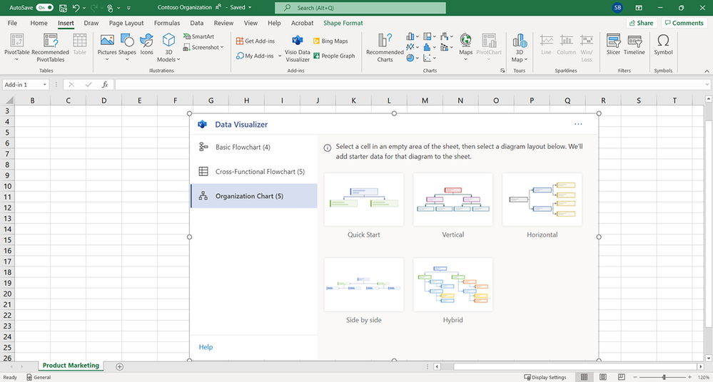 Blank Excel spreadsheet showing the five org chart layout options available from the Visio Data Visualizer add-in