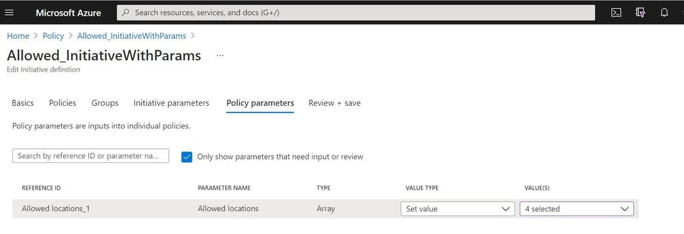 Azure Policy parameters in a Policy Initiative
