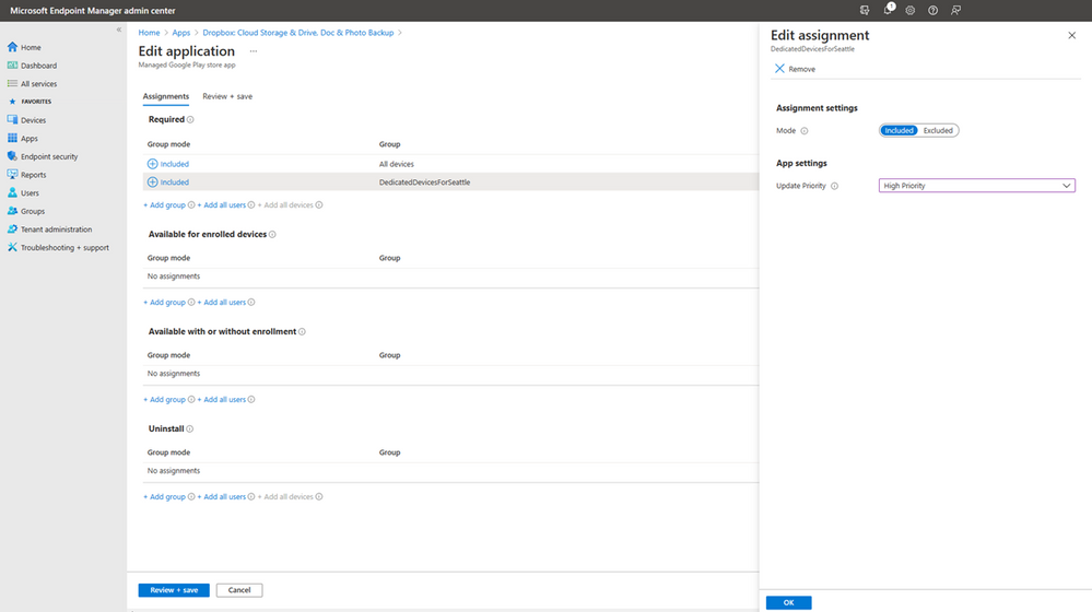 Dropbox app assignment settings in the Microsoft Endpoint Manager admin center.