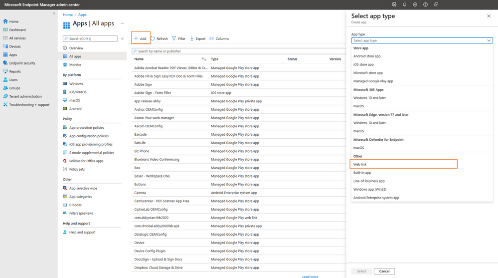 Microsoft Endpoint Manager admin center > All apps blade with the "Add" and "web link" options highlighted.