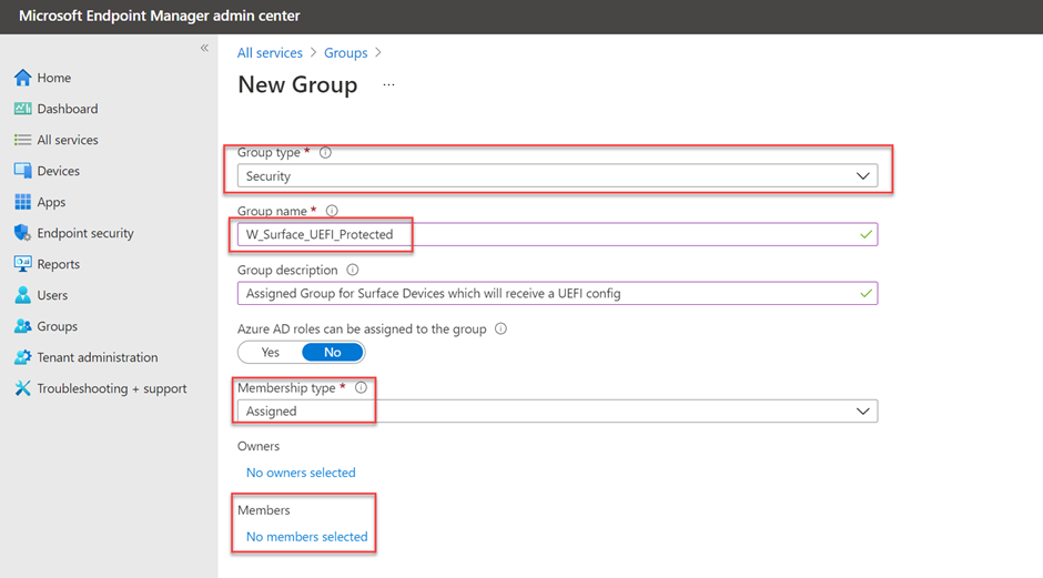 Creating a new security group in the Microsoft Endpoint Manager admin center > All groups blade.