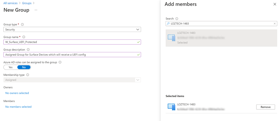 Adding a member to the newly created security group in the Microsoft Endpoint Manager admin center.