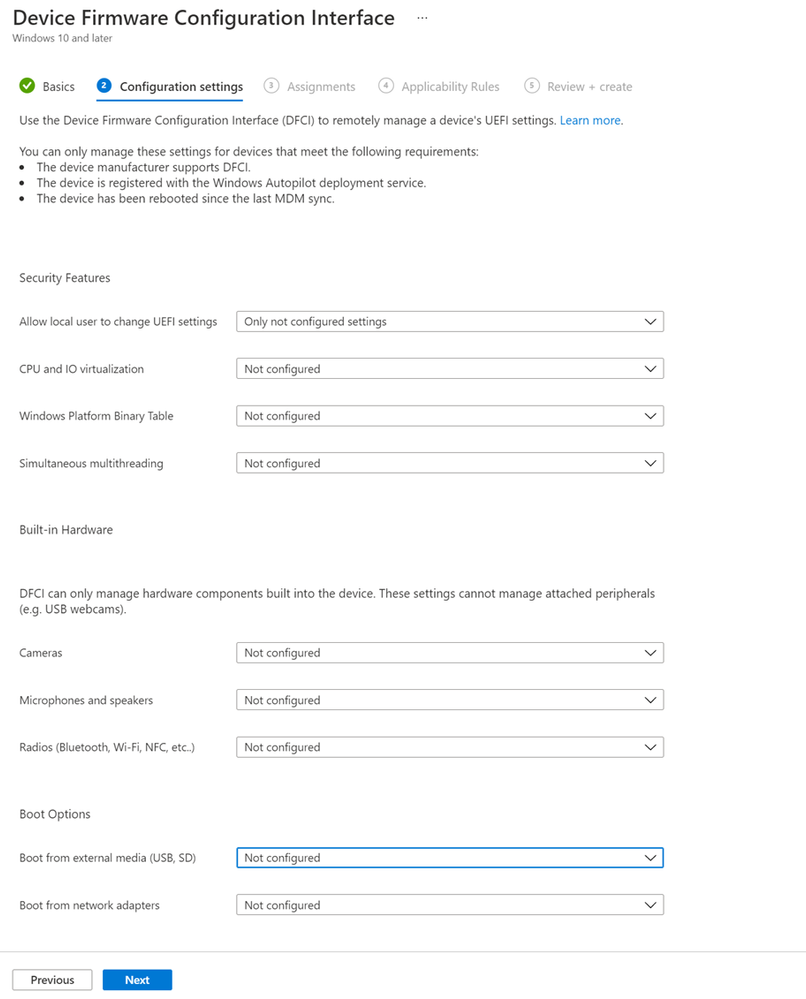 Example Device Firmware Configuration Interface configuration in the Microsoft Endpoint Manager admin center.