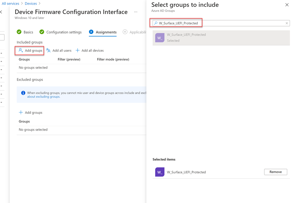 Assigning a group to a Device Firmware Configuration Interface profile within the Microsoft Endpoint Manager admin center.