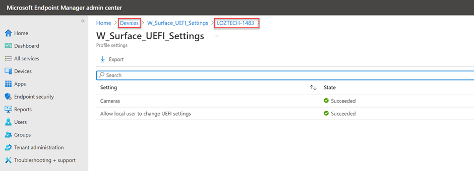 Profile deployment example within the Microsoft Endpoint Manager admin center.