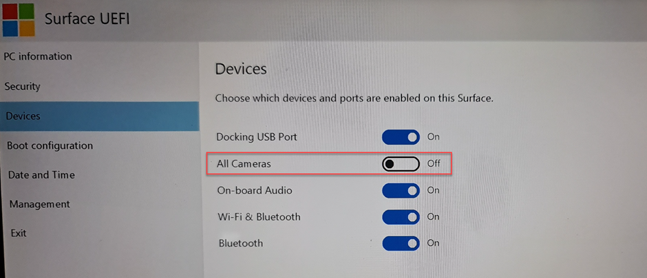 Example of a Surface UEFI > Devices pane when a managed Intune policy has been set to "Not configured".