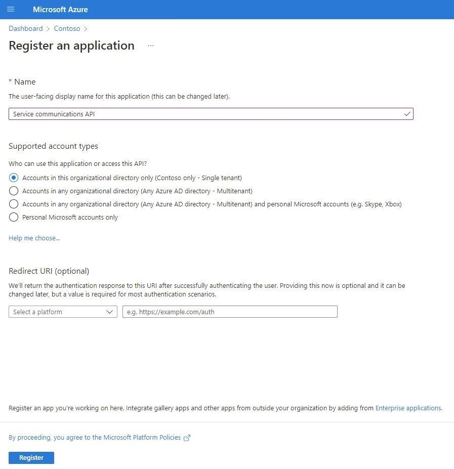 Registering a new application in the Azure Active Directory portal.
