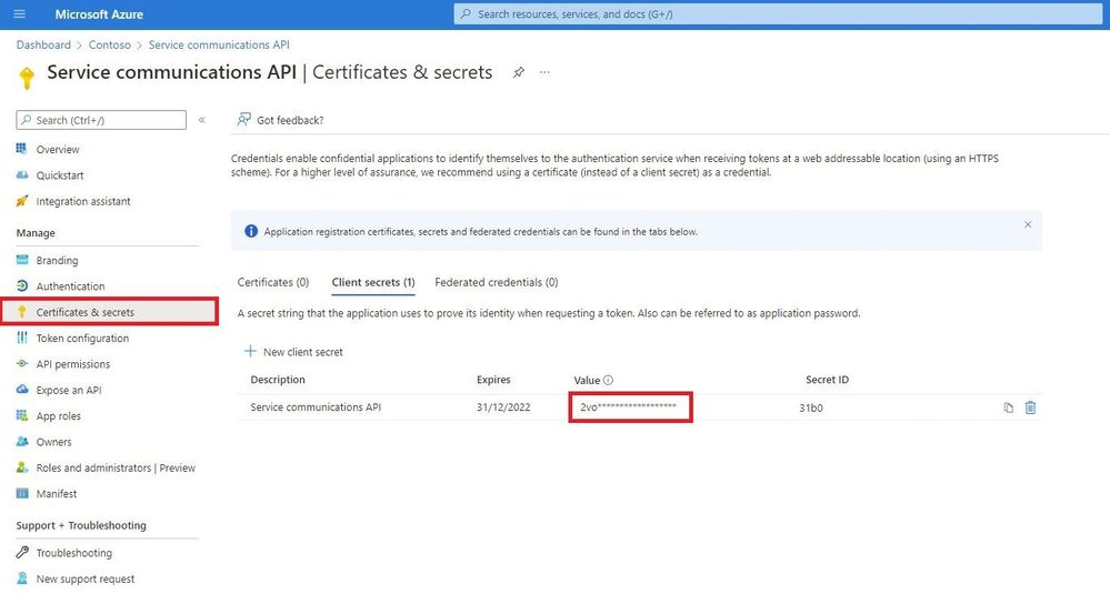 Azure Active Directory > Certificates & secrets pane with the secret highlighted under the "Value" column.