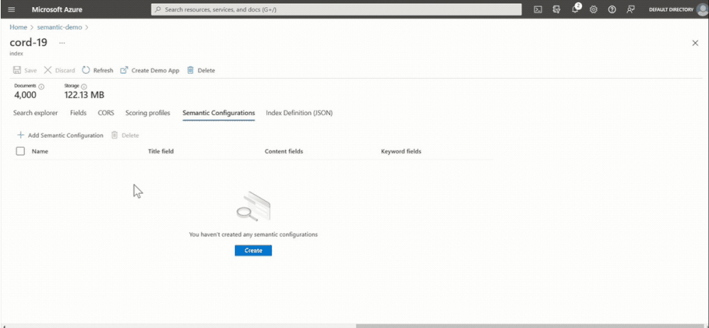 Figure 1. To create a semantic configuration in the Azure portal navigate to your search index, go to semantic configurations, and then select Create. Next, you’ll give your semantic configuration a name and select the fields you’d like to be included.