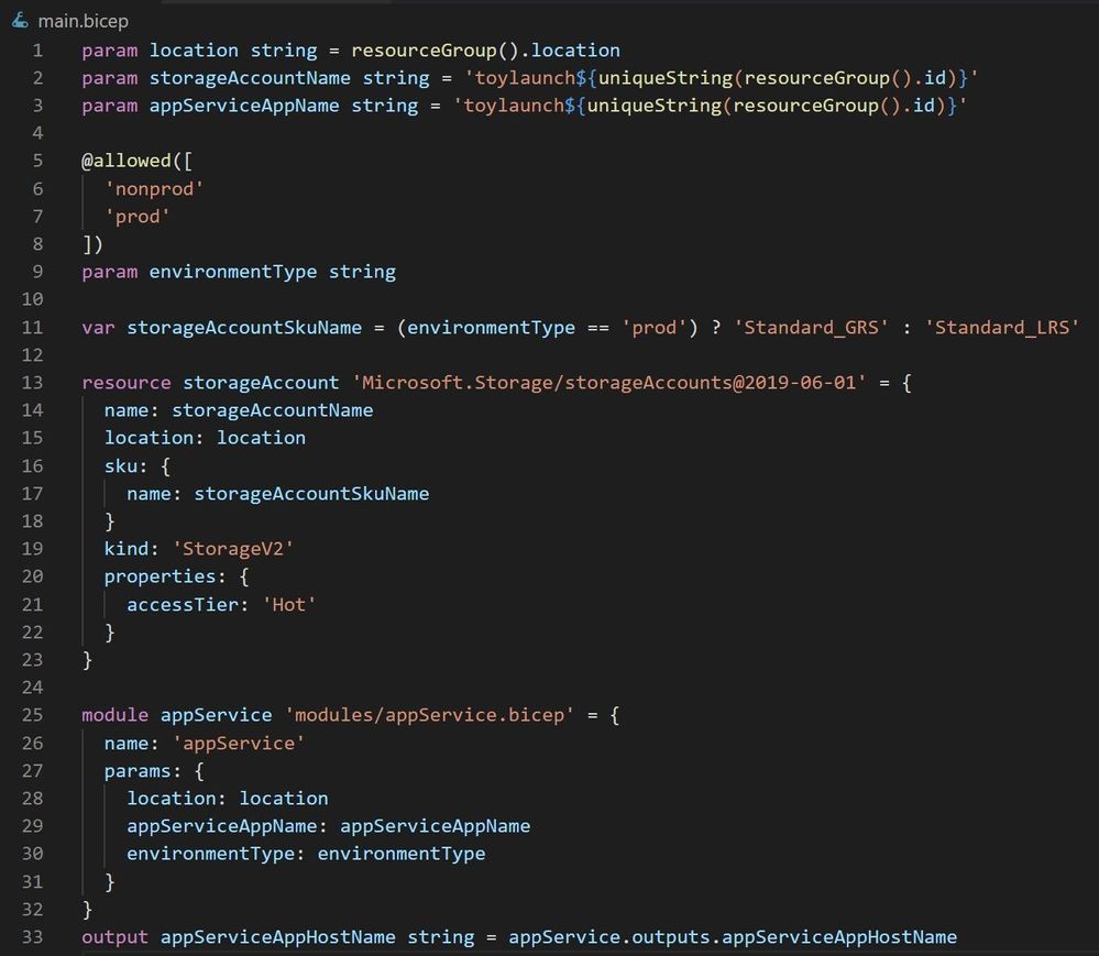 How your Azure Bicep file will look at the end of the module, showing Visual Studio Code's Bicep formatting