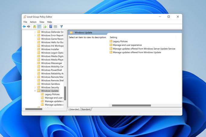 The Legacy Policies folder as it appears under Windows Update settings in the Local Group Policy Editor