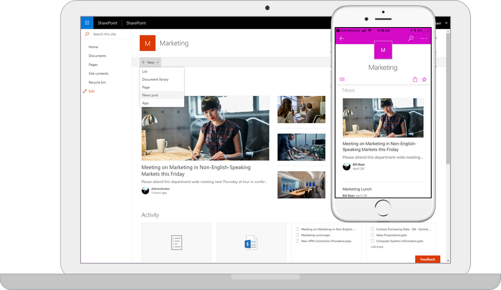 Caption:  Screenshot of a SharePoint Server 2019 Team Site on a PC and mobile device side-by-side.