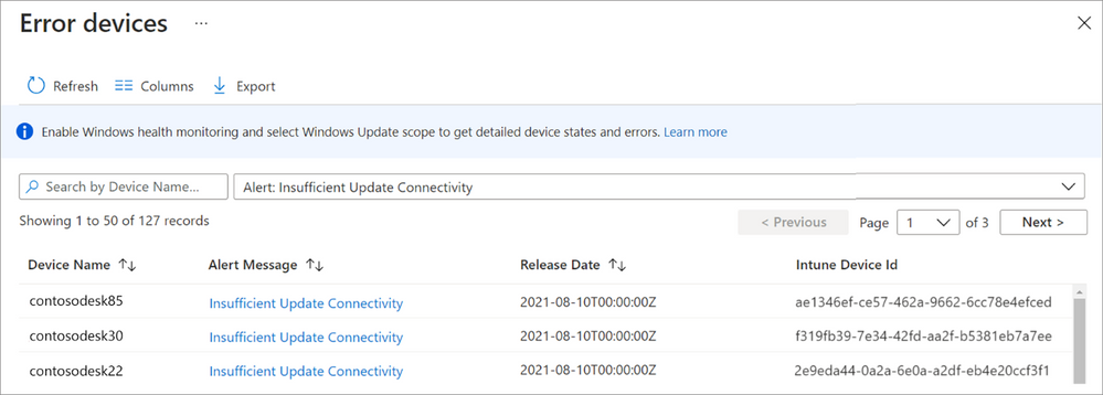 A failure report filtered to the Insufficient Update Connectivity alert, which shows devices with Insufficient Update Connectivity.