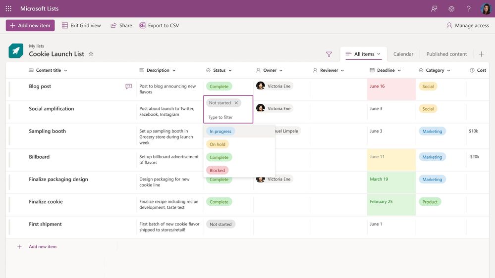 Create a list and make it your own. Customize all aspects of your list - as shown above in Grid view edit mode. Note the new tabbed approach to all available list views.