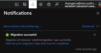 Migration result in Azure Portal Notification window