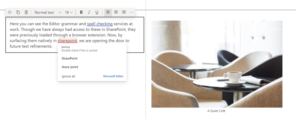 Check your spelling and your grammar from within the Text web part in SharePoint pages and news.