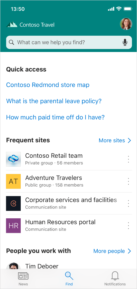 The Find tab, coming to the SharePoint mobile app, uses AI to help you find people, content, and answers to your questions while on the go.