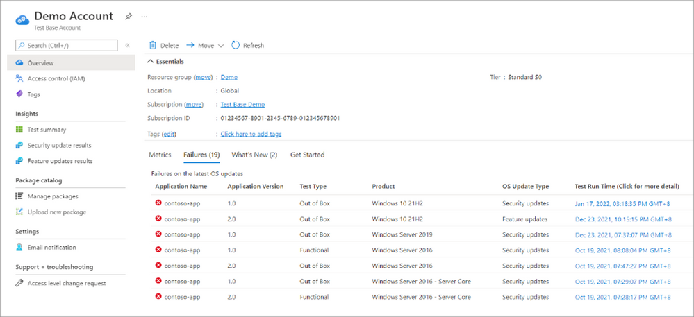 The Failures tab on the Overview page in the Test Base for Microsoft 365 portal
