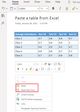 Paste and Paste Text Only options in context menu for OneNote in Teams