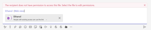 OneNote link sharing in Teams: Example notification when message recipient doesn't have access to the file