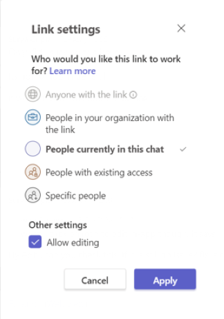 OneNote link sharing in Teams: Link Settings menu
