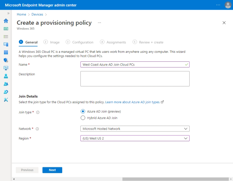 Selecting Azure AD Join and Microsoft Hosted Network option when creating a provisioning policy through the Microsoft Endpoint Manager admin center