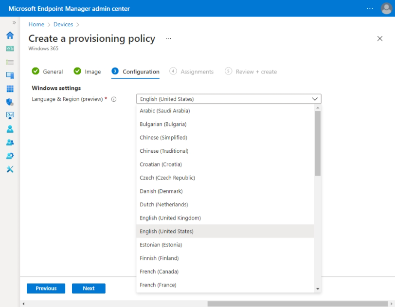 Selecting the language and region for Cloud PCs when creating a provisioning policy through the Microsoft Endpoint Manager admin center