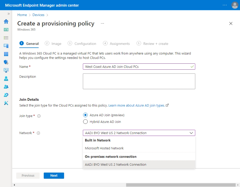 Selecting an existing network when creating a provisioning policy through the Microsoft Endpoint Manager admin center