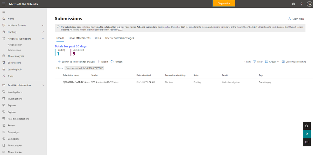 Figure 1: The Submissions experience in the Microsoft 365 Defender portal