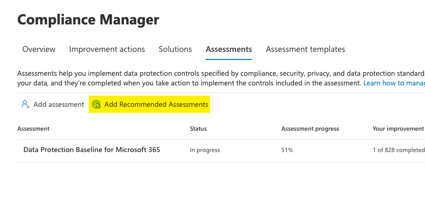 Assessments tab in Compliance Manager highlighting Add Recommended Assessments button