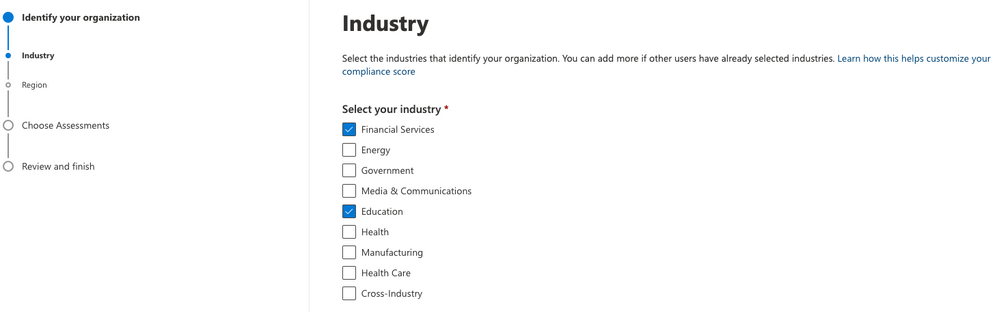 Industry selection screen in recommended assessment wizard