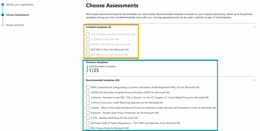 Choose assessment window with included templates highlighted by a yellow box and premium templates indicated by a teal box