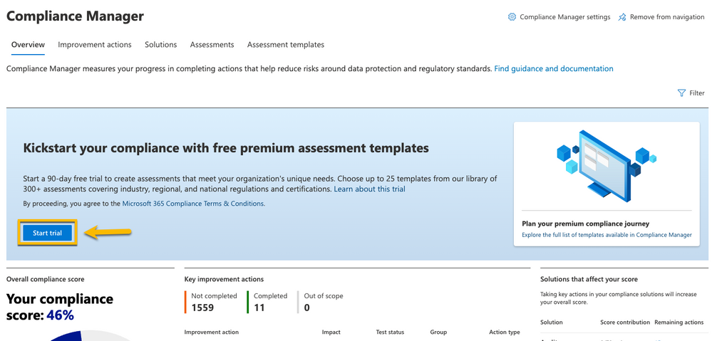 Trial banner in Compliance Manager with start trial indicated by yellow box