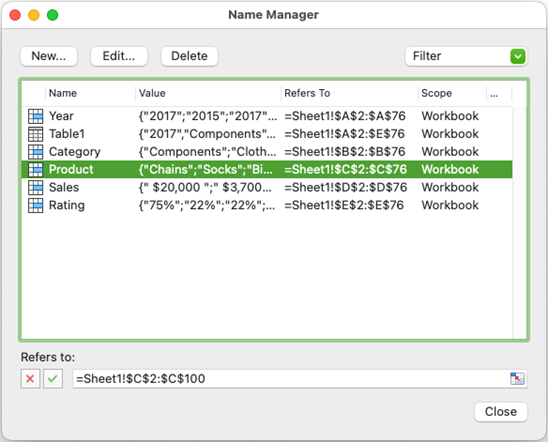 screen shot of the Name Manager in Excel for Mac