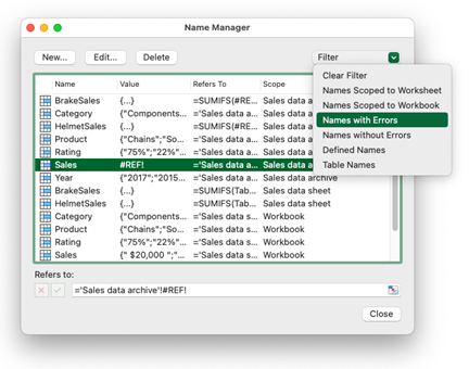 screen shot of the Name Manager dialog in Excel for Mac, showing the filter menu.