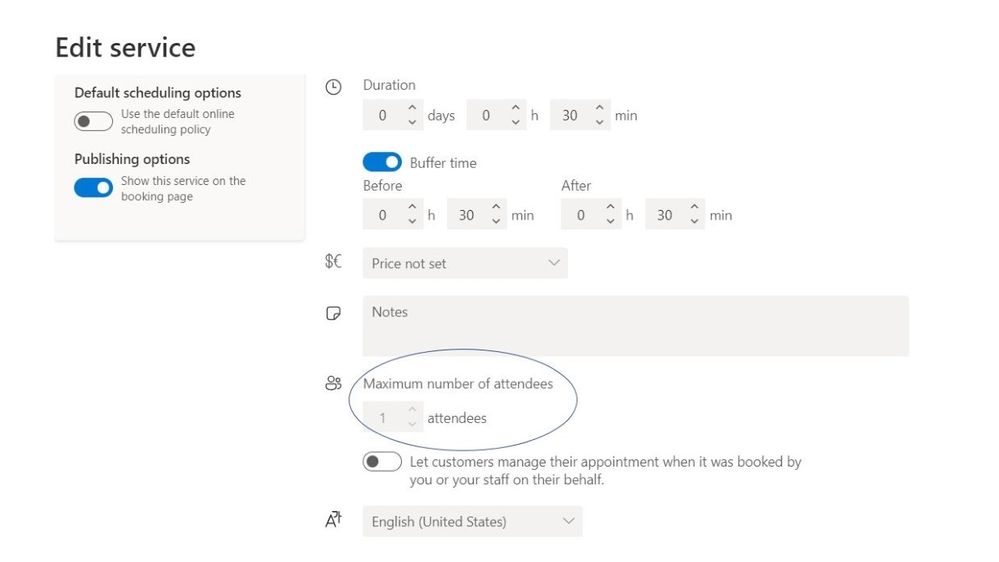 Example of creating a group appointment event in Microsoft Bookings via the "Maximum number of attendees" setting